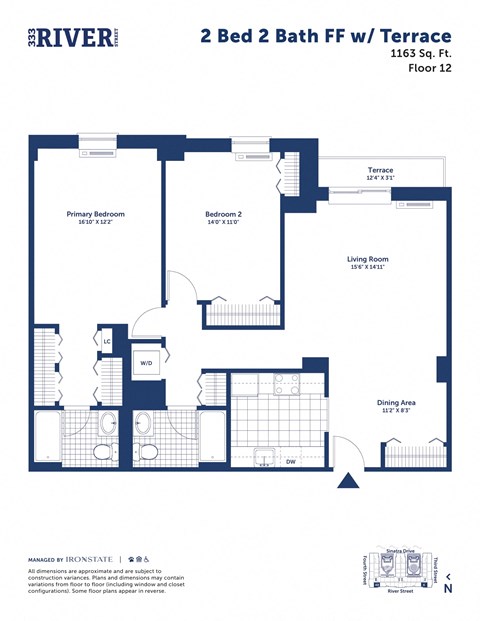 Floor plan for 2 beds, 2 baths, 1163 sqft